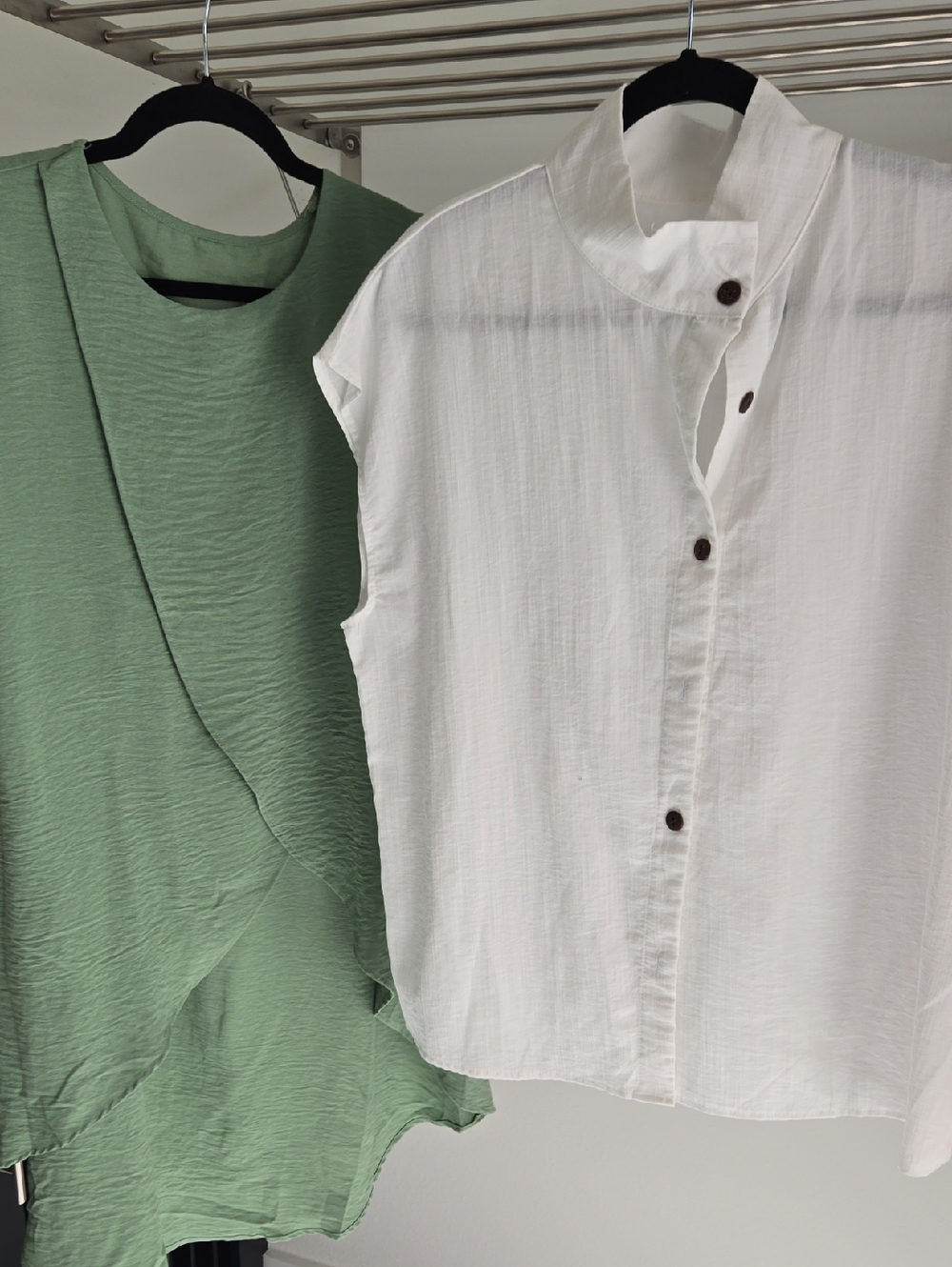 White Button Front Top & Sage Green Draped Sleeveless Tops